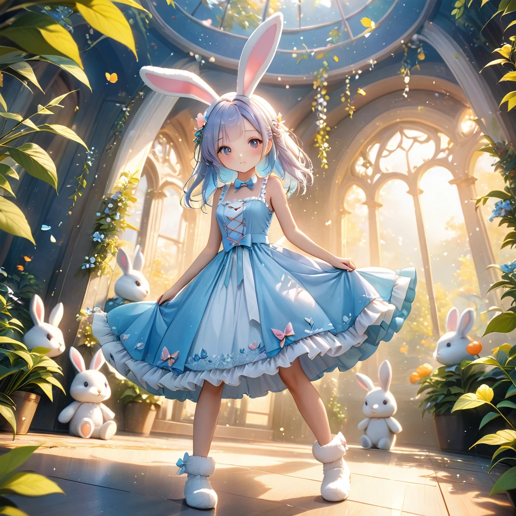 A woman wearing a furry bunny costume，Wearing big bunny ears, full-body shot, Wide Angle, Lovely又充满童真表情, Professional Portraits, Super Fine 8K, high resolution, Detailed facial features, Detailed clothing, Soft Light, excellent, fantasy, Soft colors, Lovely