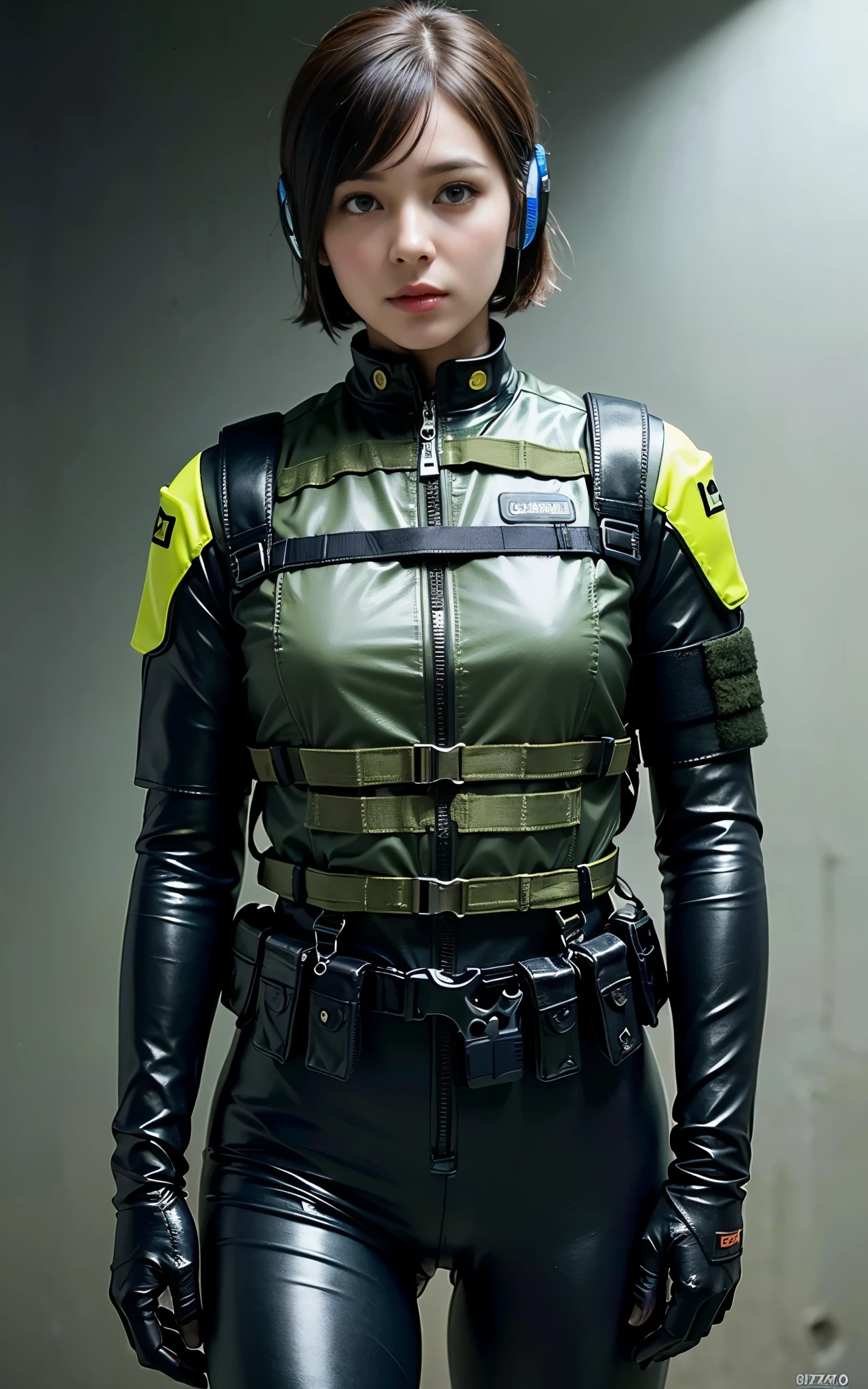 ((Best Quality, 8K, Masterpiece: 1.3)), ((best quality)), photorealistic, photorealism, Photorealistic, high resolution, 1girl , looking at the viewer, (Detailed face), short hair, (wearing dark rubber suit, tactical vests, military harness, black gloves, high-tech headset), revealed thigh, Fingers are occluded, concrete wall background,