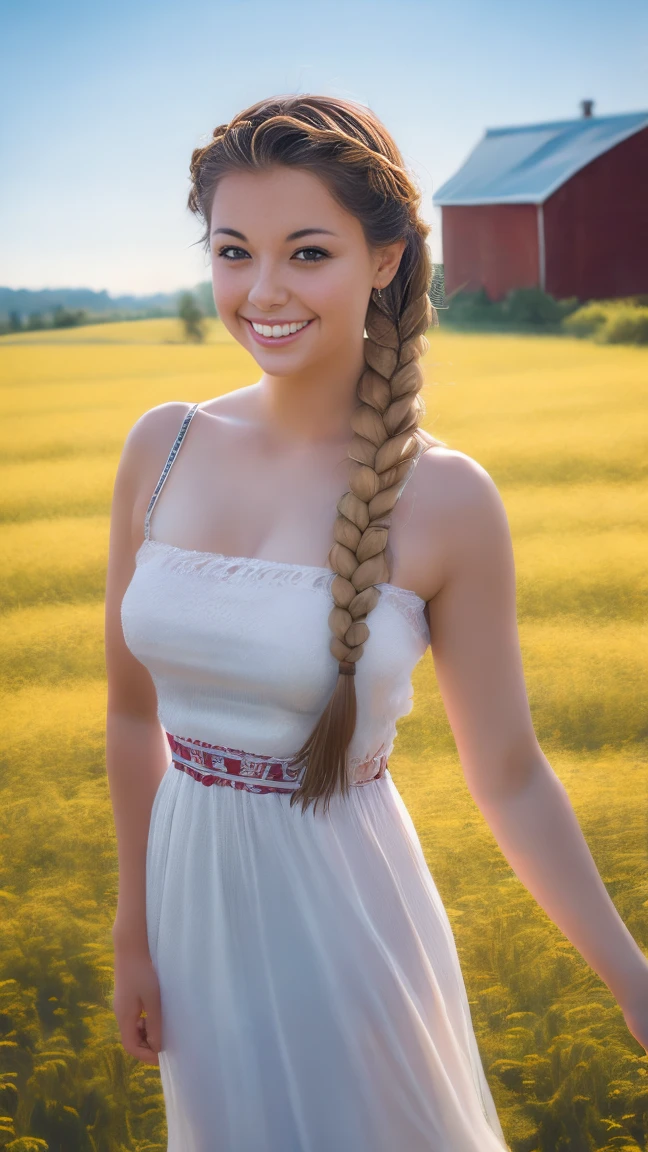 A photo of a TOK person, 1girl, 20 years old, tall and attractive, wearing a cute country dress, hair braided, standing in a rustic farm setting. She has a soft, gentle smile and expressive eyes. In the background are charming barns, golden wheat fields and clear blue skies. The composition should be bathed in warm golden hour light, with soft depth of field and soft bokeh to accentuate the idyllic tranquility. Capture images as if they were shot on vintage 35mm film for added oomph, filmg,