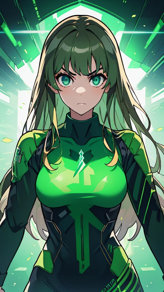 masterpiece, highest quality, (solo focus), (perfect face:1.1), (full body), (high detail:1.1), (hyper detailed eyes), dramatic, a woman with paleskin and long dark green hair, green eyes, solo, arrogant expression, neon cyberneticoutfit, white background, art by artgerm, cinematic lighting, fashion, BalenciagaStyle