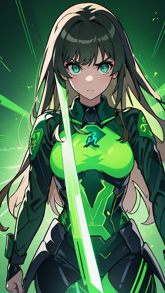 masterpiece, highest quality, (solo focus), (perfect face:1.1), (full body), (high detail:1.1), (hyper detailed eyes), dramatic, a woman with paleskin and long dark green hair, green eyes, solo, arrogant expression, neon cyberneticoutfit, white background, art by artgerm, cinematic lighting, fashion, BalenciagaStyle