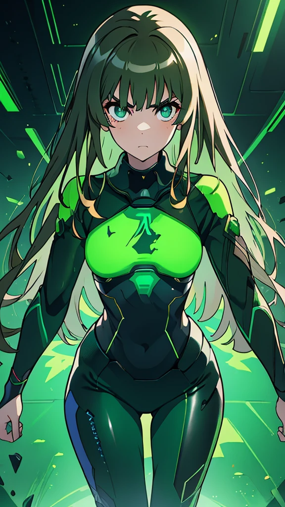 masterpiece, highest quality, (solo focus), (perfect face:1.1), (full body), (high detail:1.1), (hyper detailed eyes), dramatic, a woman with paleskin and long dark green hair, green eyes, solo, arrogant expression, neon cyberneticoutfit, white background, art by artgerm, cinematic lighting, fashion, BalenciagaStyle