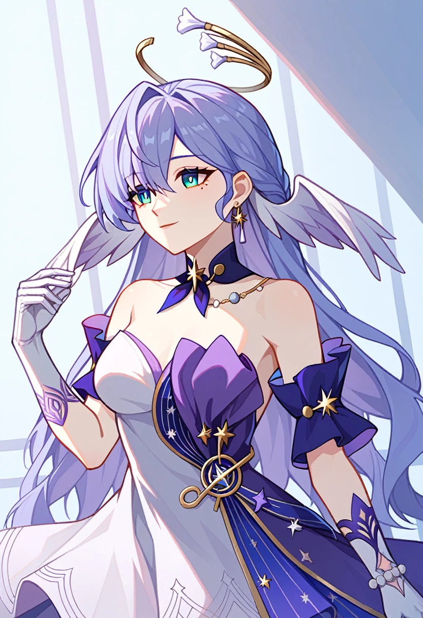 1girl, robin_\(honkai:_star_rail\), bare_shoulders, head_wings, white_dress, white_gloves, detached_sleeves, short_sleeves, aqua_eyes, long_hair, halo, purple_dress, hair_between_eyes, earrings, purple_hair
