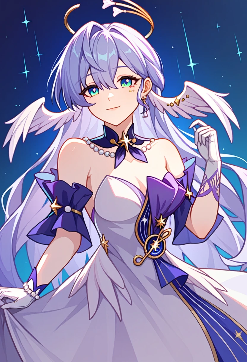 1girl, robin_\(honkai:_star_rail\), bare_shoulders, head_wings, white_dress, white_gloves, detached_sleeves, short_sleeves, aqua_eyes, long_hair, halo, purple_dress, hair_between_eyes, earrings, purple_hair
