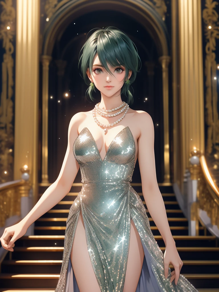 1woman, tamaki, green short hair, hair between eyes, Thin eyebrows, detailed eyes, Small Head, (silver sequined dress:1.2), (smile:1.2), Pearl Necklace, standing on the grand staircase,