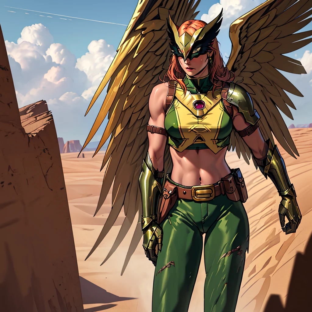 (cowboy shot), (masterpiece), (best quality:1.0), (ultra highres:1.0), highly detailed face and eyes, BREAK ShayeraDC, green eyes, mask, metal wings, wings, green and gold crop top, shoulder pauldron, gauntlets, pantyhose, midriff, belt, BREAK desert, clouds, Large breasts, thick thighs 