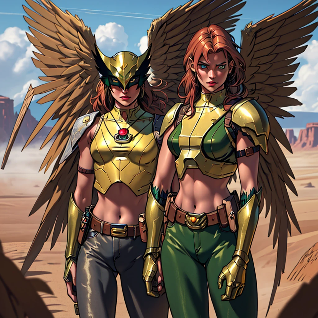 (cowboy shot), (masterpiece), (best quality:1.0), (ultra highres:1.0), highly detailed face and eyes, BREAK ShayeraDC, green eyes, mask, metal wings, wings, green and gold crop top, shoulder pauldron, gauntlets, pantyhose, midriff, belt, BREAK desert, clouds, Large breasts, thick thighs 