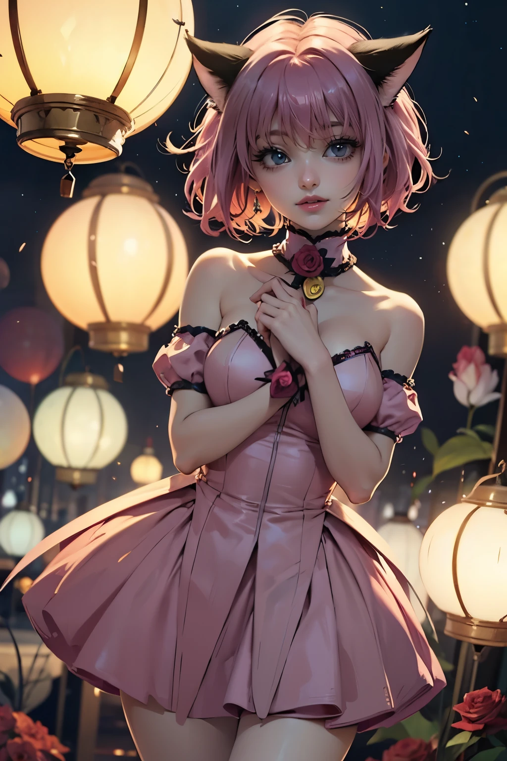 Ichigo Momomiya, Tokyo Mew Mew, short hair, pink hair, ornament hair, cat ears, perfectly body, perfectly hands,  flowing hair, maid, maid dress, maid headdress, maid apron, white apron, holding a lantern, Chinese lantern, garden scenery, red roses on focus, gold lantern, Chinese style, Chinese maid dress, white dress, more details on her clothes, white dress with transparency, golden details, night, smiling, ((4k, masterpiece, top-quality)),8k, best quality, high resolution, HD, (illustration:0.8), super cute girl, delicate and beautiful face, mature girl, super cute hairstyle, (beautiful detailed eyes:1.6), extremely detailed face, perfect lighting, extremely detailed CG, (perfect hands, perfect anatomy), Best quality, cleavage, small skirt, full Body, two arms, two legs, two hands, five fingers