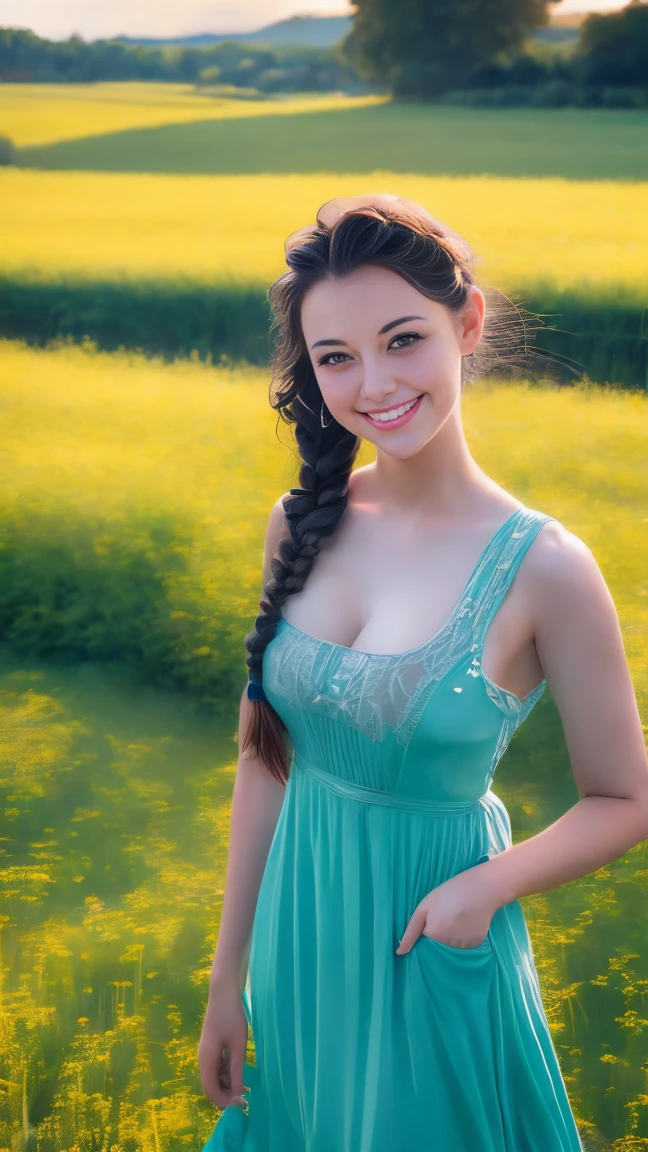 A photo of a TOK person, 1girl, 20 years old, tall and attractive, wearing a cute country dress, hair braided, standing in a rustic farm setting. She has a soft, gentle smile and expressive eyes. In the background are charming barns, golden wheat fields and clear blue skies. The composition should be bathed in warm golden hour light, with soft depth of field and soft bokeh to accentuate the idyllic tranquility. Capture images as if they were shot on vintage 35mm film for added oomph, filmg,