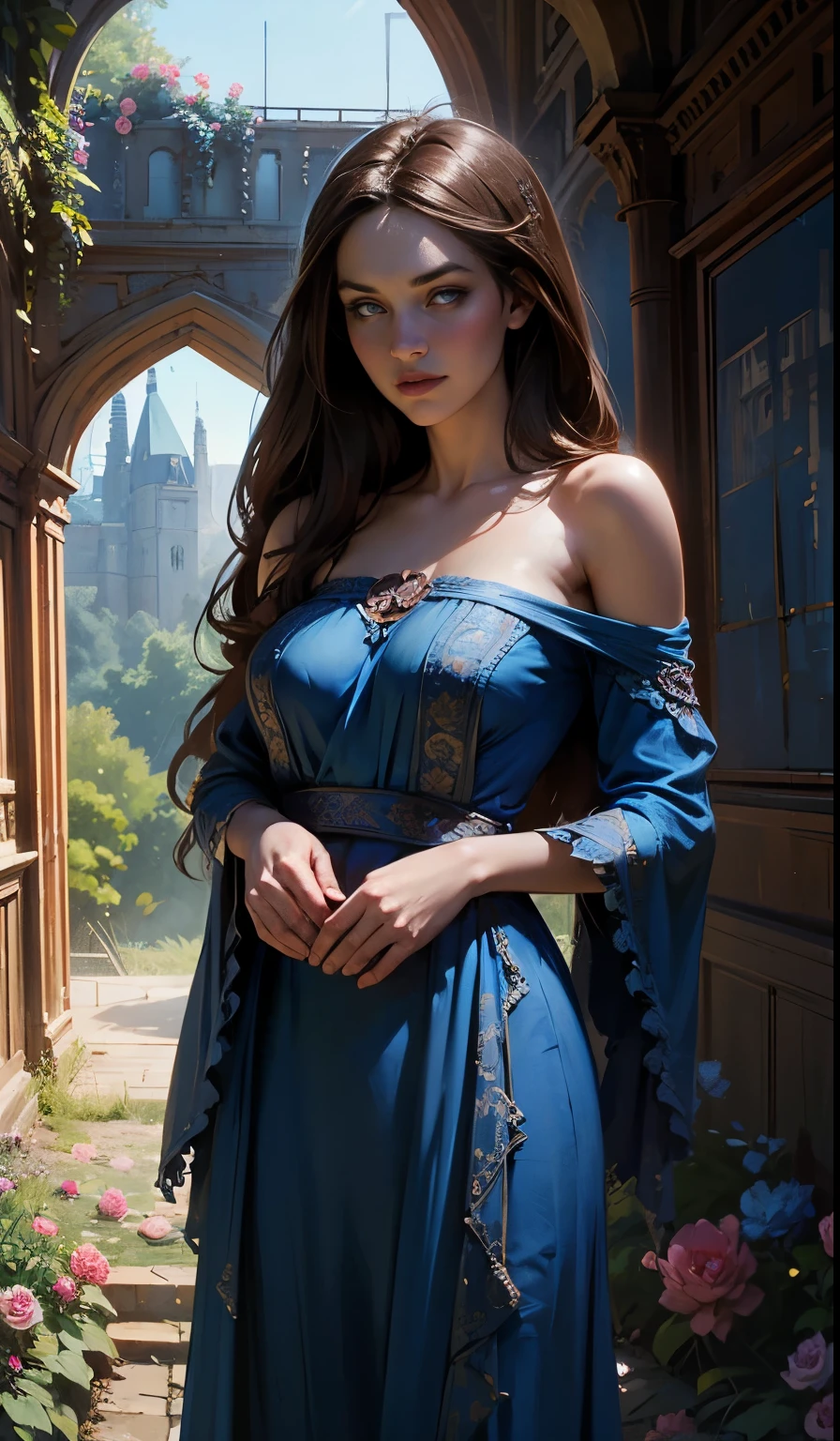NSFW dark fantasy, a girl, charming, with long brown hair, blue eyes, in a blue dress, open shoulders, patterns on fabric, an abandoned dilapidated castle, flowers, peonies.