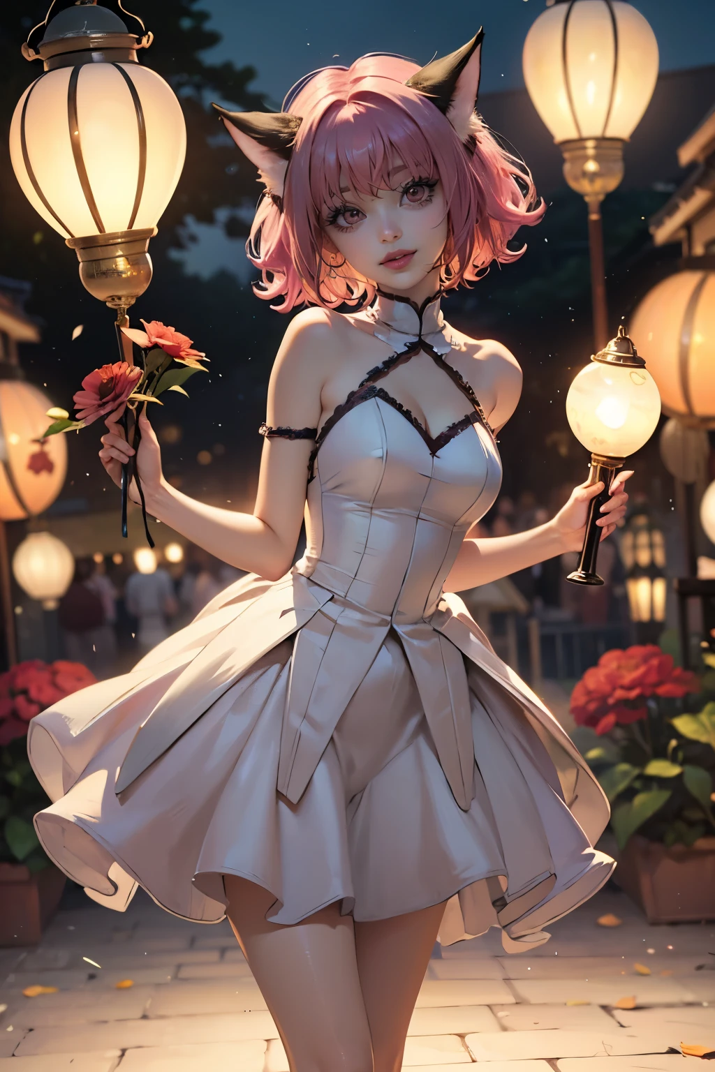 Ichigo Momomiya, Tokyo Mew Mew, short hair, pink hair, ornament hair, cat ears, perfectly body, perfectly hands,  flowing hair, maid, maid dress, maid headdress, maid apron, white apron, holding a lantern, Chinese lantern, shrine scenery, red roses on focus, gold lantern, Chinese style, Chinese maid dress, marsala dress, more details on her clothes, black dress with transparency, golden details, night, smiling, ((4k, masterpiece, top-quality)),8k, best quality, high resolution, HD, (illustration:0.8), super cute girl, delicate and beautiful face, mature girl, super cute hairstyle, (beautiful detailed eyes:1.6), extremely detailed face, perfect lighting, extremely detailed CG, (perfect hands, perfect anatomy), Best quality, cleavage, small skirt, full Body, two arms, two legs, two hands, five fingers