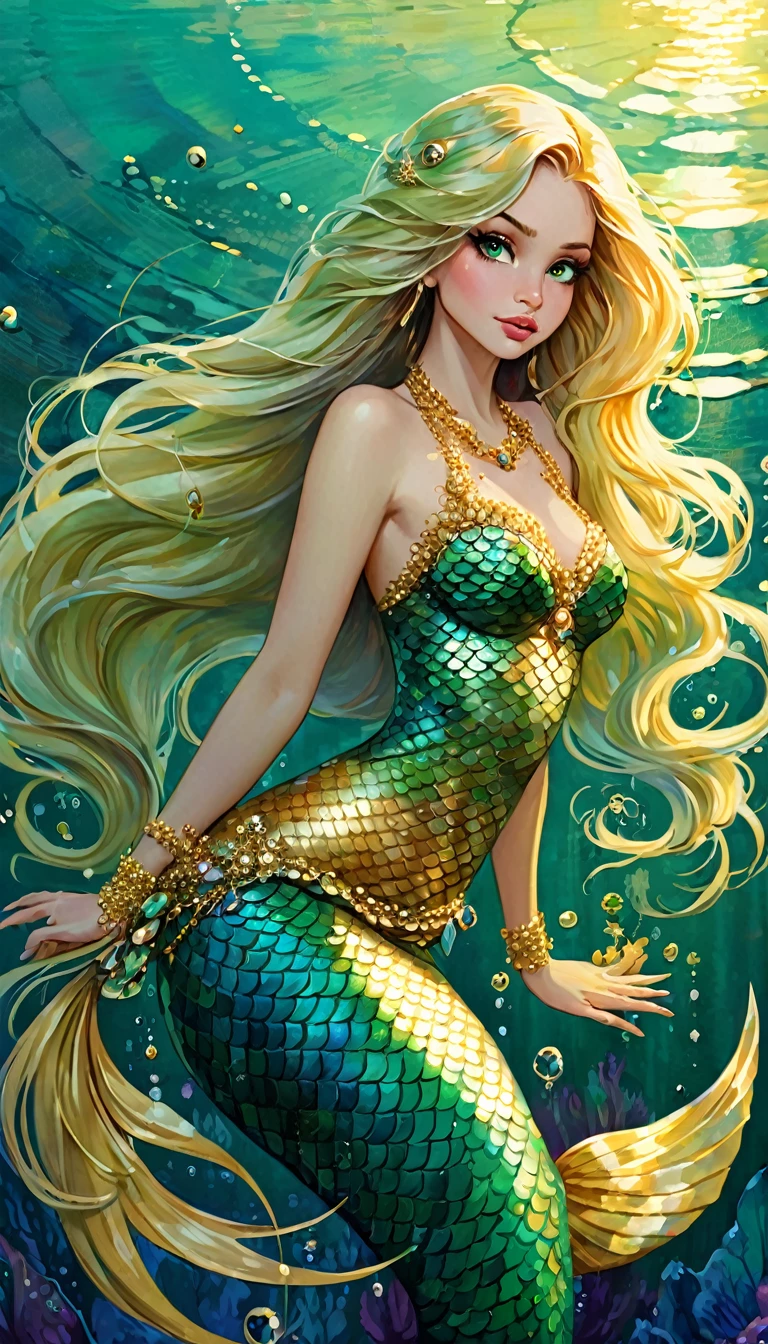 mermaid, intricate detailed mermaid tail, iridescence green and gold scales, confident stare, feminine pose, messy long golden hair adorned with jewels, very detailed water background, perfect lighting, epic, masterpiece, high-resolution, high-definition (art inspired in Skottie Young and Bill Sienkiewicz). oil painting) 