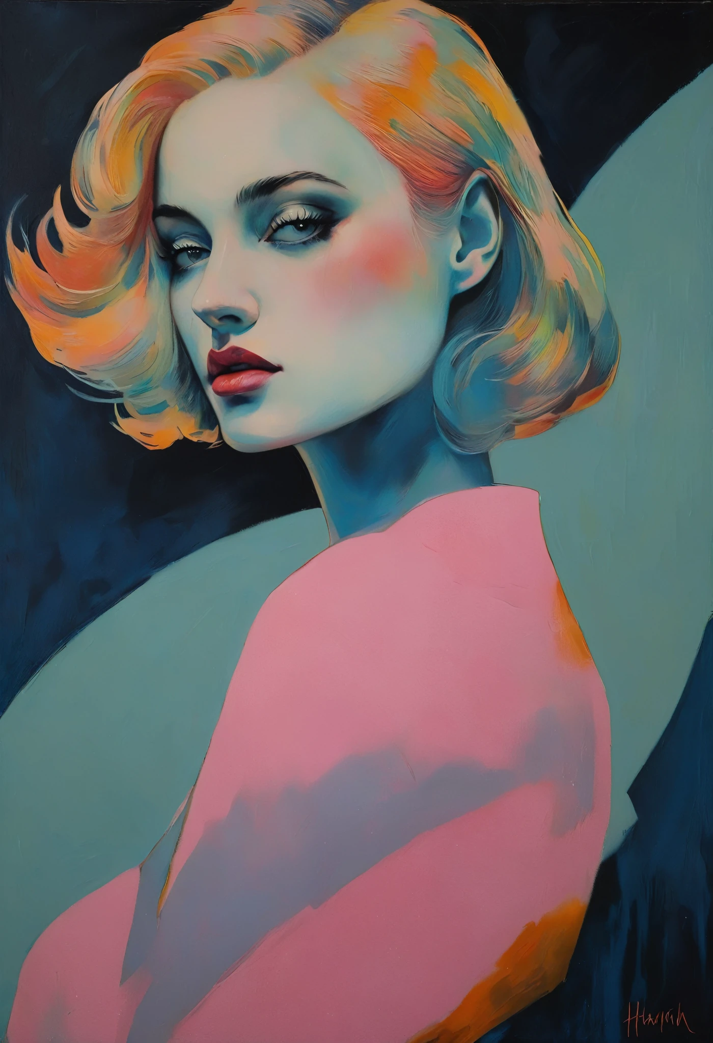 chiaroscuro technique on sensual illustration of an elegant 1980s woman, vintage beauty, eerie, thick oil painting, by Hannah Dale, by Harumi Hironaka, extremely soft colors, vibrant, highly detailed, malcolm liepke painting, oil on canvas,  high contrast, dramatic, refined, tonal, Create high contrast between light and shadow, impressive art,  using a palette of light pink, muted blue, dark grayish blue, bright blue, very dark gray, and light grayish blue