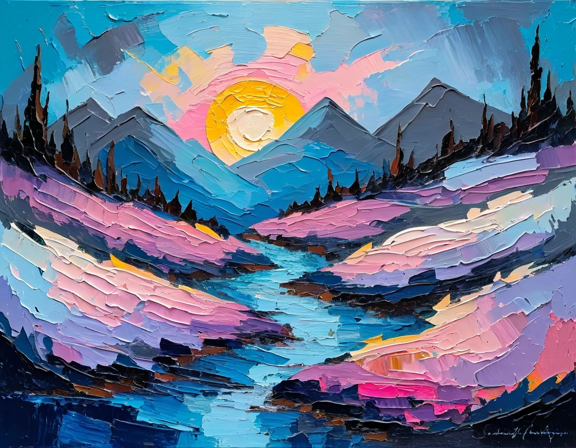 uma pintura a óleo de textura espessa, pinceladas de impasto, escovação a seco,revelando camadas inferiores, paisagem abstrata, iluminação temperamental, sombras dramáticas, cores terrosas suaves, cores vibrantes, Altamente detalhado, obra de arte, usando uma paleta de rosa claro, azul silenciado, azul acinzentado escuro, azul claro, cinza muito escuro, e azul acinzentado claro
