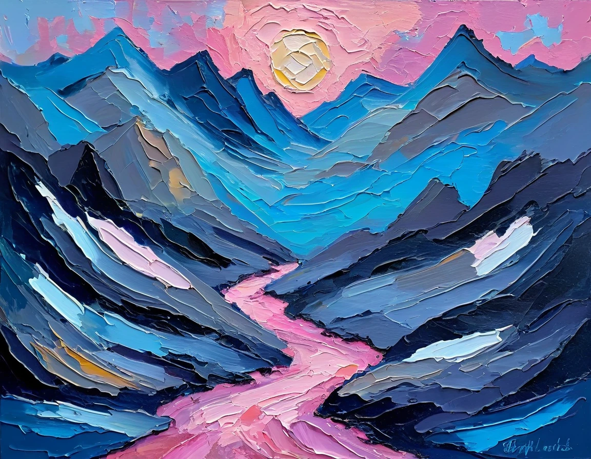 a thick textured oil painting, impasto brushstrokes, dry brushing,revealing underlayers, abstract landscape, moody lighting, dramatic shadows, muted earthy colors, vibrant colors, highly detailed, masterpiece, using a palette of light pink, muted blue, dark grayish blue, bright blue, very dark gray, and light grayish blue
