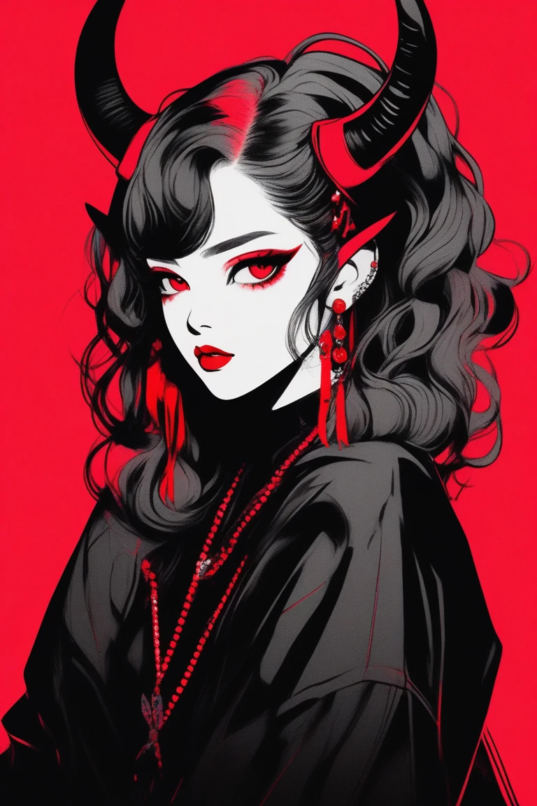 (best quality, sketch:1.2),realistic,illustrator,anime,1 girl with horns, detailed lips,custom, black and red gradient background,neon hair,textured cropping, masterpiece, style retro classic, noir style , Japanese style, full body ((monochrome))