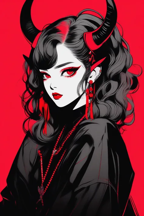 (best quality, sketch:1.2),realistic,illustrator,anime,1 girl with horns, detailed lips,custom, black and red gradient backgroun...