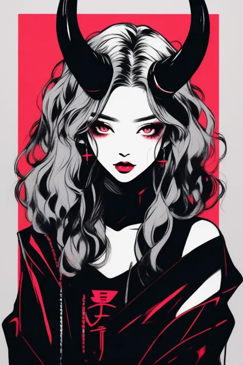 (best quality, sketch:1.2),realistic,illustrator,anime,1 girl with horns, detailed lips,custom, black and red gradient backgroun...