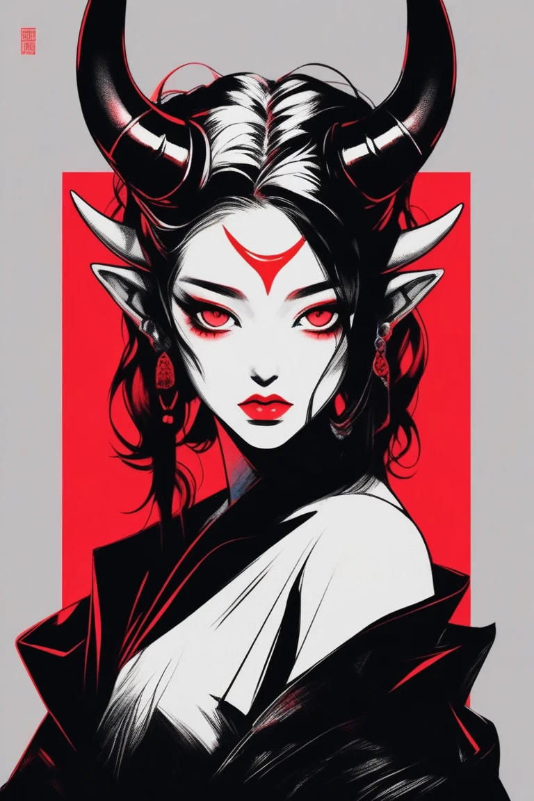 (best quality, sketch:1.2),realistic,illustrator,anime,1 girl with horns, detailed lips,custom, black and red gradient background,neon hair,textured cropping, masterpiece, style retro classic, noir style , Japanese style, full body ((monochrome))