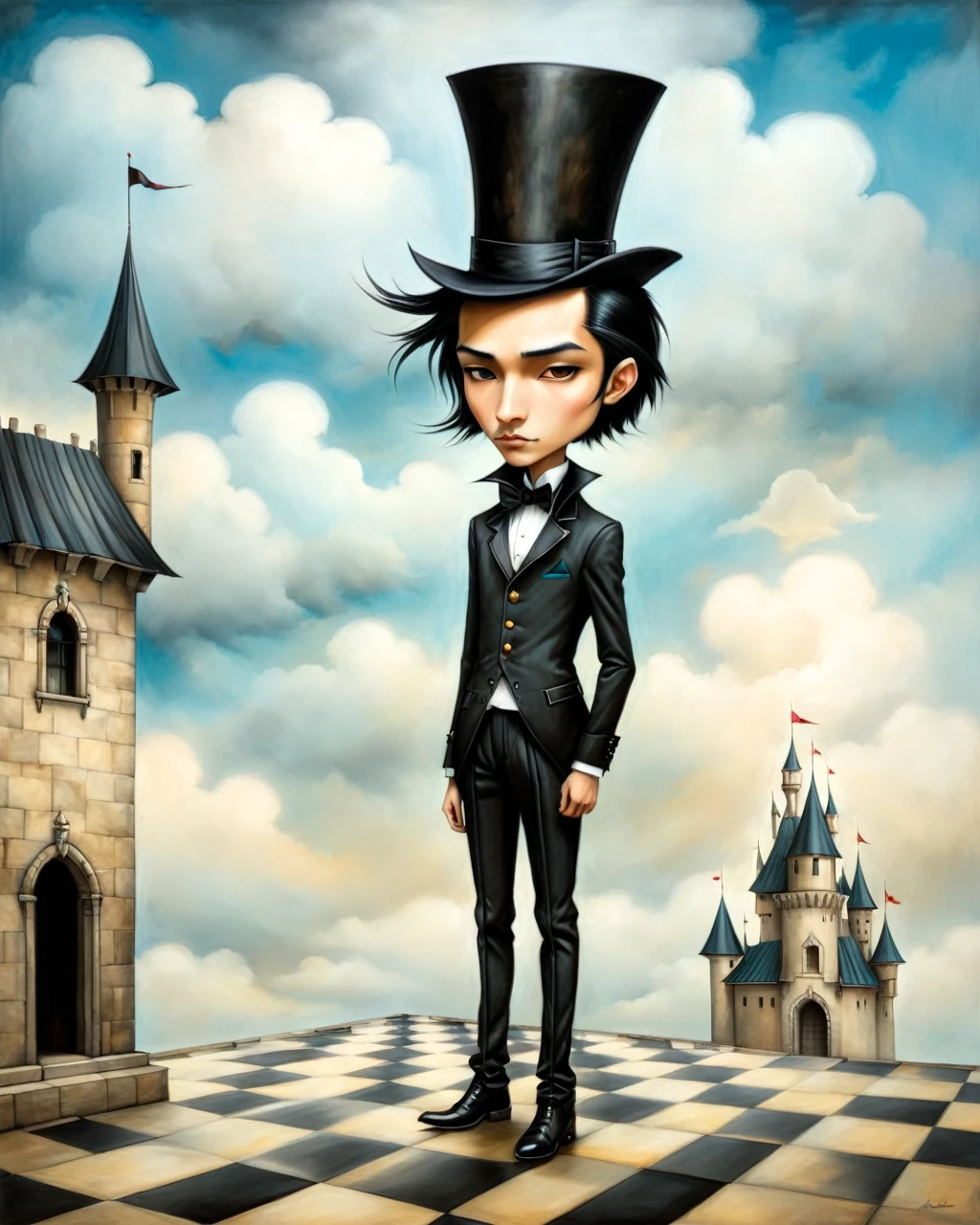 painting of a boy with top hat native american big nose long black hair standing in a courtyard castle on a cloud castle in the sky, mansion checkered floor origami style in the style of esao andrews,esao andrews style,esao andrews art,esao andrewsa  esao andrews, andrews esao artstyle, inspired by Esao Andrews, esao andrews ornate, by Esao Andrews, esao andrews, inspired by ESAO, by ESAO,  earley, esao andrews, benjamin lacombe, 1boy, in the style of esao andrews, esao andrews . paper art, pleated paper, folded, origami art, pleats, cut and fold, 