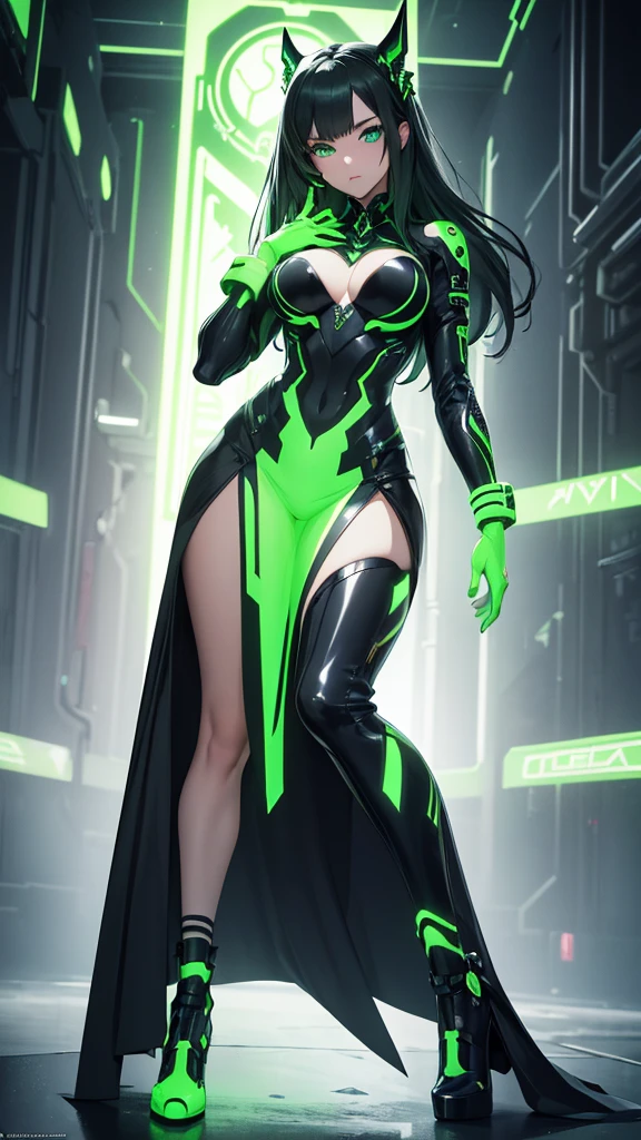 masterpiece, highest quality, (solo focus), (perfect face:1.1), (full body), (high detail:1.1), (hyper detailed eyes), dramatic, a woman with paleskin and long dark green hair, green eyes, solo, arrogant expression, neon cybernetic outfit, heels, white background, art by artgerm, cinematic lighting, fashion, BalenciagaStyle