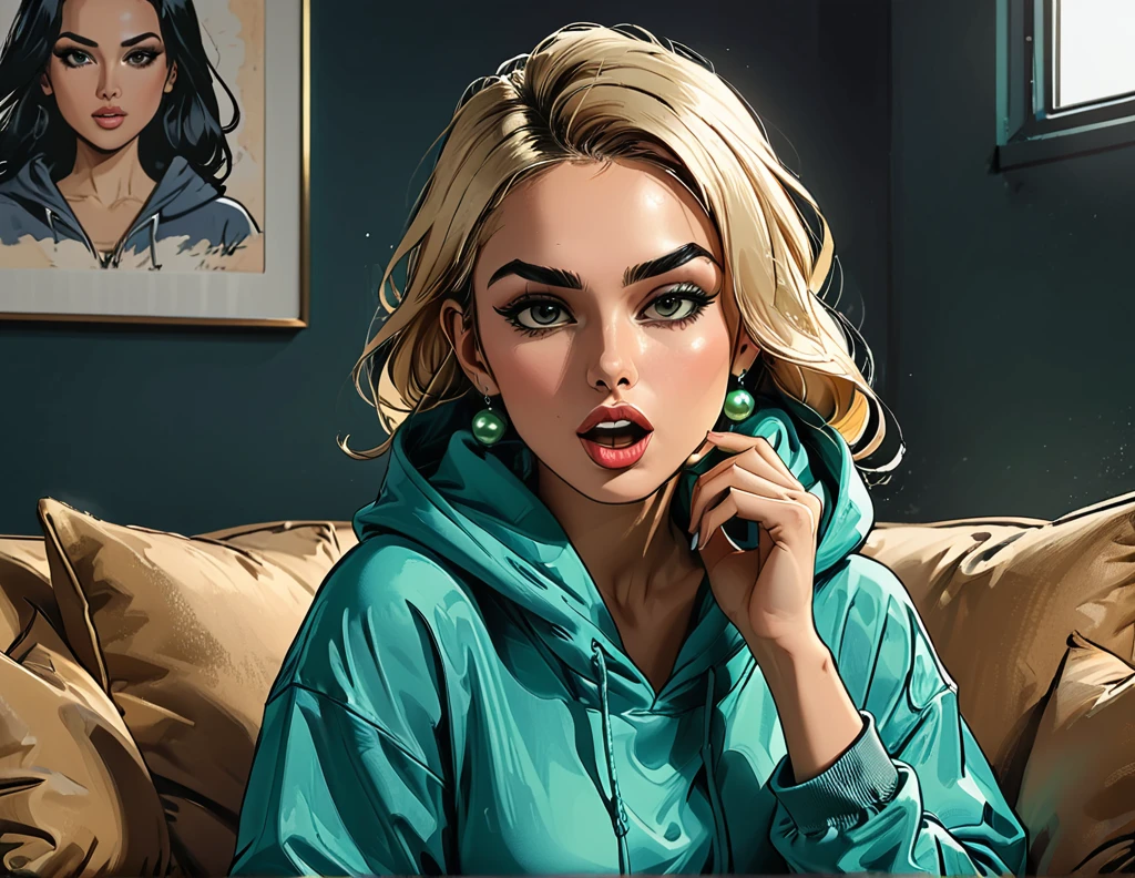 green ((pearl)) at hands,portrait girl with black hijab eating a green pearl in (Blue oversized hoodie) and black Elastic shorts sits at sofa at dark green office, (open mouth), adult, [Nordic], Hourglass elongated fitness body, perfect Olive skin, Oval Face, Long neck, Rounded shoulders, perfect hand, Attached Pointed ears, round forehead, Short blonde Waves pixie hair, snub nose, Arched eyebrows, High Round Narrow cheekbones, Dimpled Cheeks, Rounded Chin, Rounded Jawline, Full nude Lips, Nude Makeup Look, long eyelashes, graphic style of novel comics, 2d, 8k, hyperrealism, masterpiece, high resolution, best quality, ultra-detailed, super realistic, Hyperrealistic art, high-quality, ultra high res, highest detailed, lot of details, Extremely high-resolution details, incredibly lifelike, colourful, soft cinematic light,