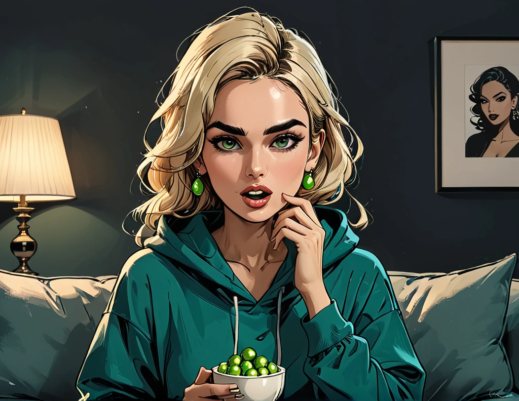 green ((pearl)) at hands,portrait girl with black hijab eating a green pearl in (Blue oversized hoodie) and black Elastic shorts sits at sofa at dark green office, (open mouth), adult, [Nordic], Hourglass elongated fitness body, perfect Olive skin, Oval Face, Long neck, Rounded shoulders, perfect hand, Attached Pointed ears, round forehead, Short blonde Waves pixie hair, snub nose, Arched eyebrows, High Round Narrow cheekbones, Dimpled Cheeks, Rounded Chin, Rounded Jawline, Full nude Lips, Nude Makeup Look, long eyelashes, graphic style of novel comics, 2d, 8k, hyperrealism, masterpiece, high resolution, best quality, ultra-detailed, super realistic, Hyperrealistic art, high-quality, ultra high res, highest detailed, lot of details, Extremely high-resolution details, incredibly lifelike, colourful, soft cinematic light,
