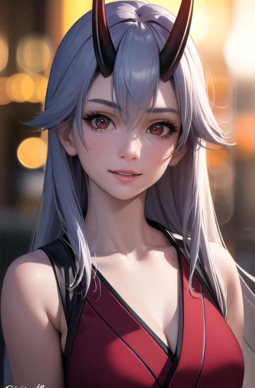 1girl, solo, beautiful detailed eyes, beautiful detailed lips, extremely detailed face and eyes, long eyelashes, happy, smiling, tomoe gozen, oni horns, kimono, red eyes, looking at viewer, (best quality, 4k, 8k, highres, masterpiece:1.2), ultra-detailed, (realistic, photorealistic, photo-realistic:1.37), HDR, UHD, studio lighting, ultra-fine painting, sharp focus, physically-based rendering, extreme detail description, professional, vivid colors, bokeh, portraits