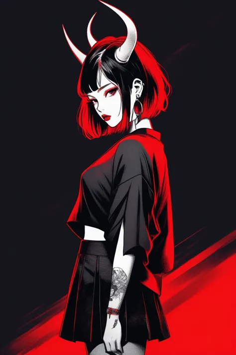 (best quality, sketch:1.2),realistic,illustrator,anime,1 girl with horns, detailed lips,custom, short skirt, black and red gradi...
