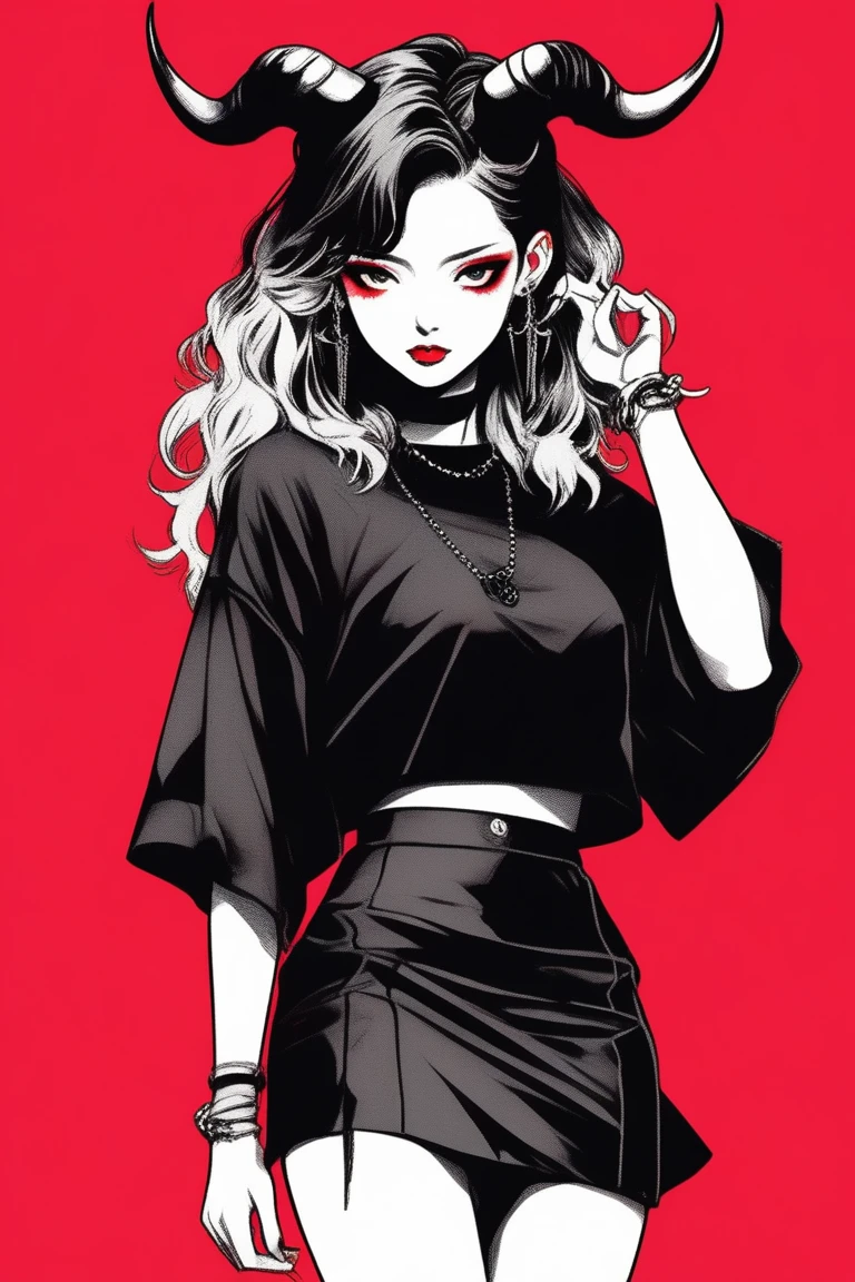 (best quality, sketch:1.2),realistic,illustrator,anime,1 girl with horns, detailed lips,custom, short skirt, black and red gradient background,neon hair,textured cropping, masterpiece, style retro classic, noir style , Japanese style, full body ((monochrome))