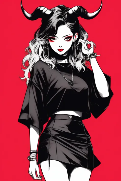 (best quality, sketch:1.2),realistic,illustrator,anime,1 girl with horns, detailed lips,custom, short skirt, black and red gradi...