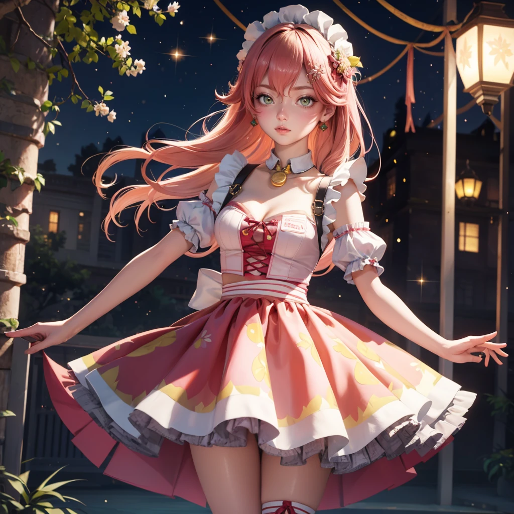 1girl, long hair, pink hair, long flowing hair, floating hair, ornament hair, perfectly body, perfectly hands, rose on hair, Looking at the audience, flowing hair, Beautiful Eyes, Plump and glossy lips, maid, maid dress, maid headdress, white headdress, maid apron, white apron, dress with too many frills, pink dress, pink laces, white Short skirt, skirt with layers, small skirt, skirt with layers, Drape clothes, orange gem, Lace trim, classical garden, luxury gold details, gold jewelry, more details, best quality, Big sparkling eyes, blushing, Striped Lace Stockings, pink Lolita skirt, sparkle, solo, centered girl, cowboy shot, perfectly body, perfectly hands, two arms, two legs, two hands, five fingers, perfect anatomy, glowing hair, pink roses, on the garden, sparkles, more details on her clothes, dress with transparency, golden details on her dress, night, lanterns, ((4k, masterpiece, top-quality)), 8k, best quality, high resolution, UHD, (illustration:0.8), super cute girl, delicate and beautiful face, mature girl, super cute hairstyle, (beautiful detailed eyes:1.6), extremely detailed face, perfect lighting, extremely detailed CG, (perfect hands, perfect anatomy), Best quality, cleavage