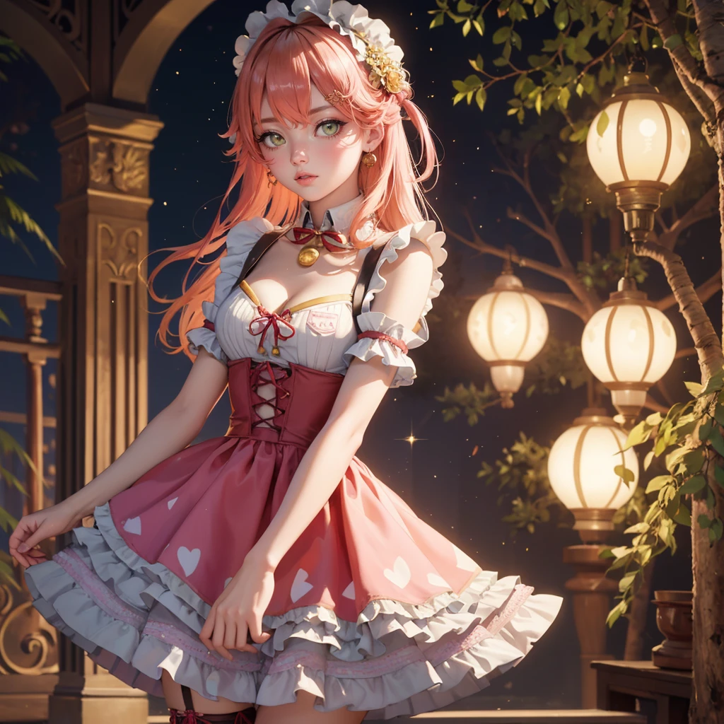 1girl, long hair, pink hair, long flowing hair, floating hair, ornament hair, perfectly body, perfectly hands, rose on hair, Looking at the audience, flowing hair, Beautiful Eyes, Plump and glossy lips, maid, maid dress, maid headdress, white headdress, maid apron, white apron, dress with too many frills, pink dress, pink laces, white Short skirt, skirt with layers, small skirt, skirt with layers, Drape clothes, orange gem, Lace trim, classical garden, luxury gold details, gold jewelry, more details, best quality, Big sparkling eyes, blushing, Striped Lace Stockings, pink Lolita skirt, sparkle, solo, centered girl, cowboy shot, perfectly body, perfectly hands, two arms, two legs, two hands, five fingers, perfect anatomy, glowing hair, pink roses, on the garden, sparkles, more details on her clothes, dress with transparency, golden details on her dress, night, lanterns, ((4k, masterpiece, top-quality)), 8k, best quality, high resolution, UHD, (illustration:0.8), super cute girl, delicate and beautiful face, mature girl, super cute hairstyle, (beautiful detailed eyes:1.6), extremely detailed face, perfect lighting, extremely detailed CG, (perfect hands, perfect anatomy), Best quality, cleavage