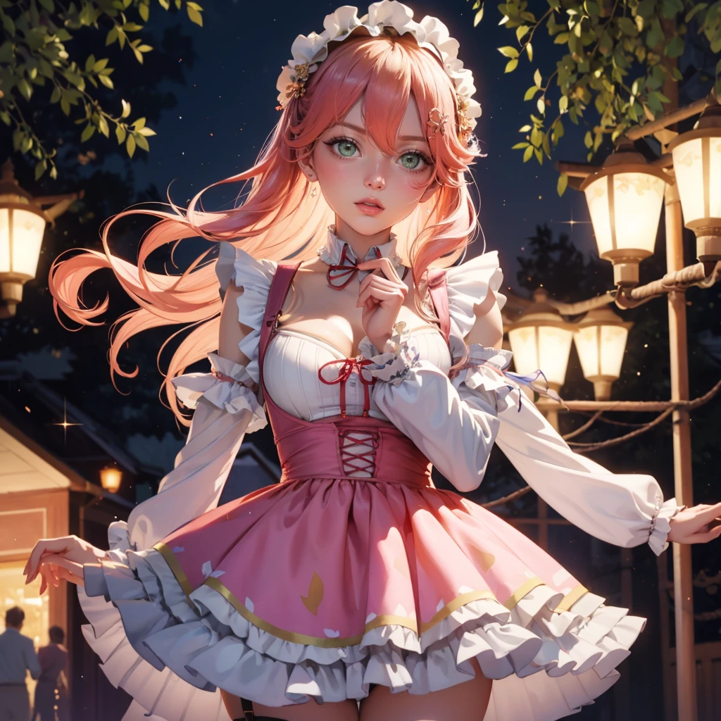 1girl, long hair, pink hair, long flowing hair, floating hair, ornament hair, perfectly body, perfectly hands, rose on hair, Looking at the audience, flowing hair, Beautiful Eyes, Plump and glossy lips, maid, maid dress, maid headdress, white headdress, maid apron, white apron, dress with too many frills, pink dress, pink laces, white Short skirt, skirt with layers, small skirt, skirt with layers, Drape clothes, orange gem, Lace trim, classical garden, luxury gold details, gold jewelry, more details, best quality, Big sparkling eyes, blushing, Striped Lace Stockings, pink Lolita skirt, sparkle, solo, centered girl, cowboy shot, perfectly body, perfectly hands, two arms, two legs, two hands, five fingers, perfect anatomy, glowing hair, pink roses, on the garden, sparkles, more details on her clothes, dress with transparency, golden details on her dress, night, lanterns, ((4k, masterpiece, top-quality)), 8k, best quality, high resolution, UHD, (illustration:0.8), super cute girl, delicate and beautiful face, mature girl, super cute hairstyle, (beautiful detailed eyes:1.6), extremely detailed face, perfect lighting, extremely detailed CG, (perfect hands, perfect anatomy), Best quality, cleavage