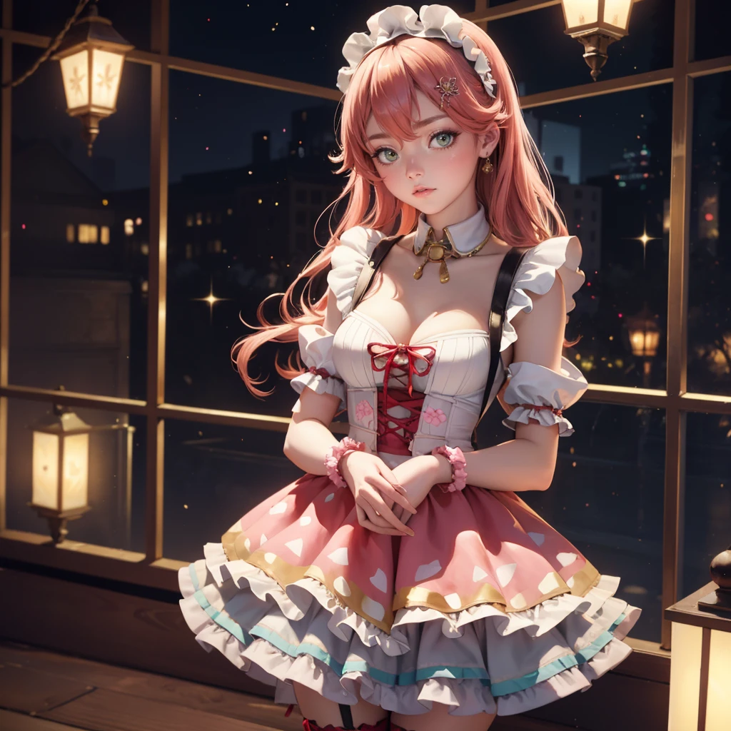 1girl, long hair, pink hair, long flowing hair, floating hair, ornament hair, perfectly body, perfectly hands, rose on hair, Looking at the audience, flowing hair, Beautiful Eyes, Plump and glossy lips, maid, maid dress, maid headdress, white headdress, maid apron, white apron, dress with too many frills, pink dress, pink laces, white Short skirt, skirt with layers, small skirt, skirt with layers, Drape clothes, orange gem, Lace trim, classical garden, luxury gold details, gold jewelry, more details, best quality, Big sparkling eyes, blushing, Striped Lace Stockings, pink Lolita skirt, sparkle, solo, centered girl, cowboy shot, perfectly body, perfectly hands, two arms, two legs, two hands, five fingers, perfect anatomy, glowing hair, pink roses, on the garden, sparkles, more details on her clothes, dress with transparency, golden details on her dress, night, lanterns, ((4k, masterpiece, top-quality)), 8k, best quality, high resolution, UHD, (illustration:0.8), super cute girl, delicate and beautiful face, mature girl, super cute hairstyle, (beautiful detailed eyes:1.6), extremely detailed face, perfect lighting, extremely detailed CG, (perfect hands, perfect anatomy), Best quality, cleavage