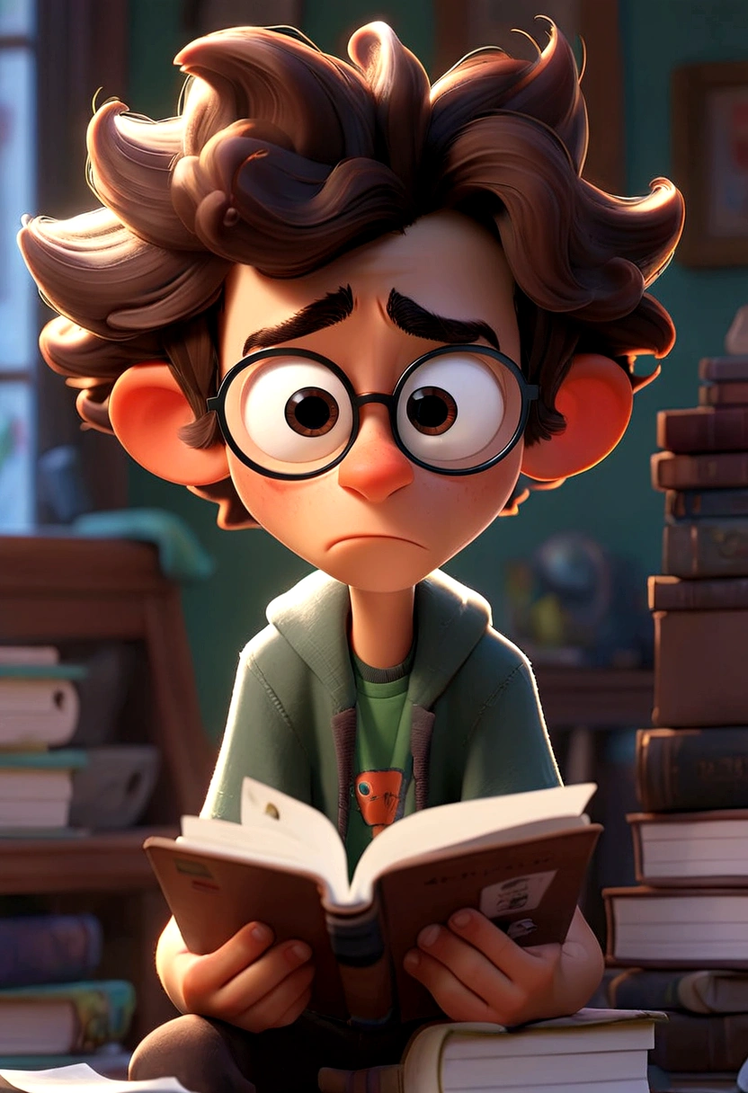 A Pixar-style teenager character named Confuso, with messy hair, large framed glasses, and untidy clothes. He has a confused expression and holds a notebook filled with questions."