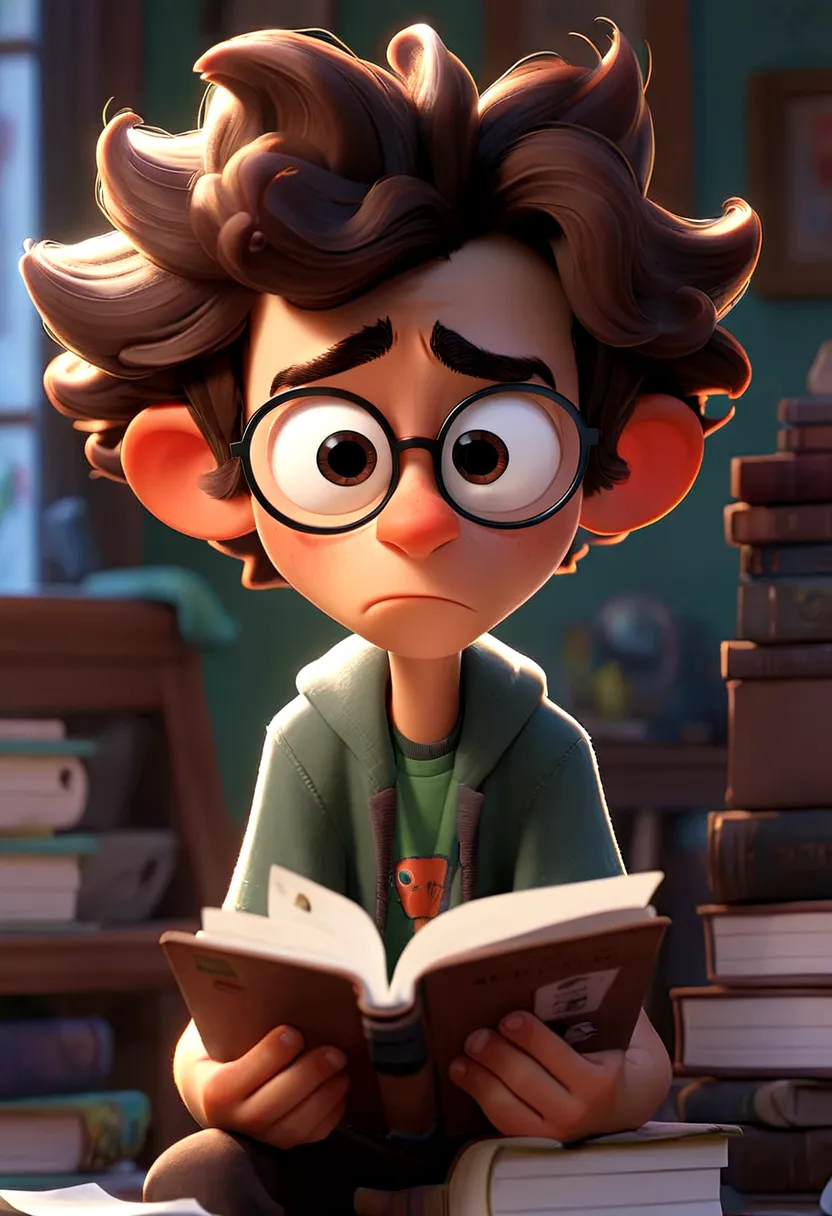 a pixar-style teenager character named confuso, with messy hair, large framed glasses, and untidy clothes. he has a confused exp...