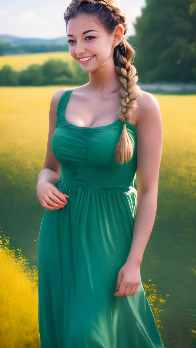 A photo of a TOK person, 1girl, 20 years old, tall and attractive, wearing a cute country dress, hair braided, standing in a rustic farm setting. She has a soft, gentle smile and expressive eyes. In the background are charming barns, golden wheat fields and clear blue skies. The composition should be bathed in warm golden hour light, with soft depth of field and soft bokeh to accentuate the idyllic tranquility. Capture images as if they were shot on vintage 35mm film for added oomph, filmg,