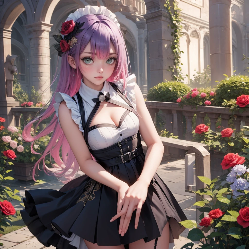 1girl, long hair, long flowing hair, floating hair, ornament hair, perfectly body, perfectly hands, rose on hair, purple rose on hair, 1 girl, Looking at the audience, flowing hair, Beautiful Eyes, Plump and glossy lips, maid, maid dress, maid apron, white apron maid headdresss, white headdress, dress with too many frills, black dress, white laces, black Short skirt, , small skirt, skirt with layers, Drape clothes, purple gem, Lace trim, garden, luxury gold details, gold jewelry, more details, best quality, Big sparkling eyes, blushing, Striped Lace Stockings, black Lolita skirt, sparkle, solo, centered girl, cowboy shot, perfectly body, perfectly hands, two arms, two legs, two hands, five fingers, perfect anatomy, glowing hair, purple roses, on the garden, sparkles, more details on her clothes, dress with transparency, golden details on her dress, daylight, lanterns, ((4k, masterpiece, top-quality)), 8k, best quality, high resolution, UHD, (illustration:0.8), super cute girl, delicate and beautiful face, mature girl, super cute hairstyle, (beautiful detailed eyes:1.6), extremely detailed face, perfect lighting, extremely detailed CG, (perfect hands, perfect anatomy), Best quality, cleavage