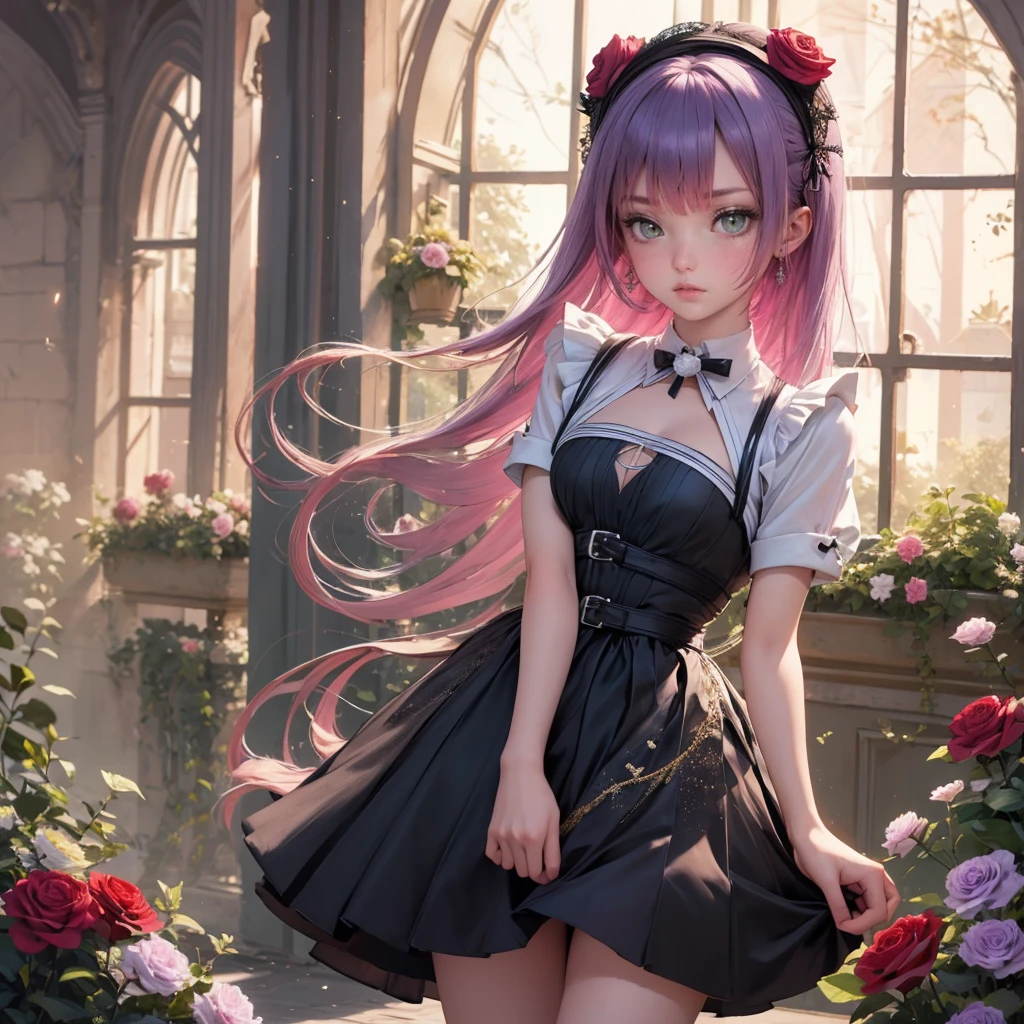 1girl, long hair, long flowing hair, floating hair, ornament hair, perfectly body, perfectly hands, rose on hair, purple rose on hair, 1 girl, Looking at the audience, flowing hair, Beautiful Eyes, Plump and glossy lips, maid, maid dress, maid apron, white apron maid headdresss, white headdress, dress with too many frills, black dress, white laces, black Short skirt, , small skirt, skirt with layers, Drape clothes, purple gem, Lace trim, garden, luxury gold details, gold jewelry, more details, best quality, Big sparkling eyes, blushing, Striped Lace Stockings, black Lolita skirt, sparkle, solo, centered girl, cowboy shot, perfectly body, perfectly hands, two arms, two legs, two hands, five fingers, perfect anatomy, glowing hair, purple roses, on the garden, sparkles, more details on her clothes, dress with transparency, golden details on her dress, daylight, lanterns, ((4k, masterpiece, top-quality)), 8k, best quality, high resolution, UHD, (illustration:0.8), super cute girl, delicate and beautiful face, mature girl, super cute hairstyle, (beautiful detailed eyes:1.6), extremely detailed face, perfect lighting, extremely detailed CG, (perfect hands, perfect anatomy), Best quality, cleavage