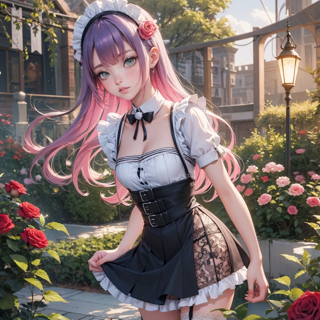 1girl, long hair, long flowing hair, floating hair, ornament hair, perfectly body, perfectly hands, rose on hair, purple rose on hair, 1 girl, Looking at the audience, flowing hair, Beautiful Eyes, Plump and glossy lips, maid, maid dress, maid apron, white apron maid headdresss, white headdress, dress with too many frills, black dress, white laces, black Short skirt, , small skirt, skirt with layers, Drape clothes, purple gem, Lace trim, garden, luxury gold details, gold jewelry, more details, best quality, Big sparkling eyes, blushing, Striped Lace Stockings, black Lolita skirt, sparkle, solo, centered girl, cowboy shot, perfectly body, perfectly hands, two arms, two legs, two hands, five fingers, perfect anatomy, glowing hair, purple roses, on the garden, sparkles, more details on her clothes, dress with transparency, golden details on her dress, daylight, lanterns, ((4k, masterpiece, top-quality)), 8k, best quality, high resolution, UHD, (illustration:0.8), super cute girl, delicate and beautiful face, mature girl, super cute hairstyle, (beautiful detailed eyes:1.6), extremely detailed face, perfect lighting, extremely detailed CG, (perfect hands, perfect anatomy), Best quality, cleavage