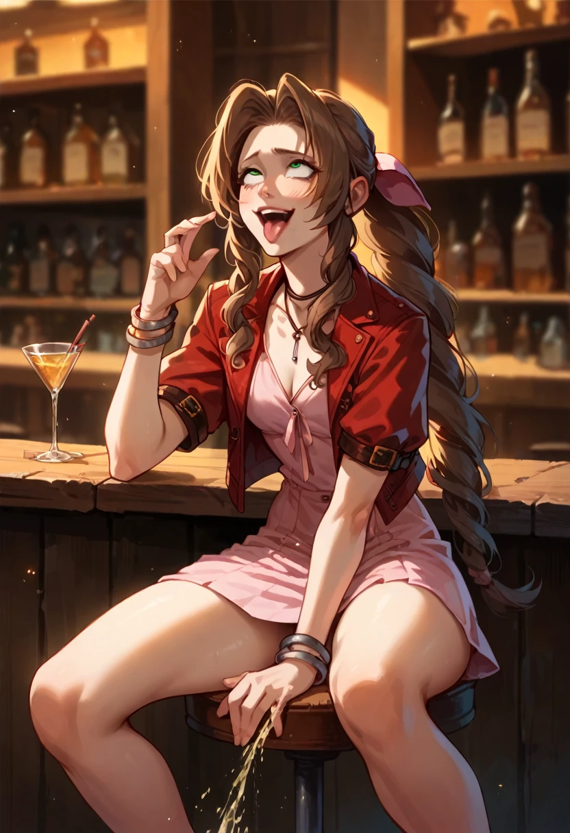 Aerith in a skirt、Pissing with eyes wide open and an ahegao face、Sitting with her legs spread wide on a bar chair、laughing、Rolling up the whites of one&#39;s eyes、Open your mouth so wide your jaw almost falls off and stick out your tongue、Grinning、Trance、incontinence、Completely white eyes、Looks happy