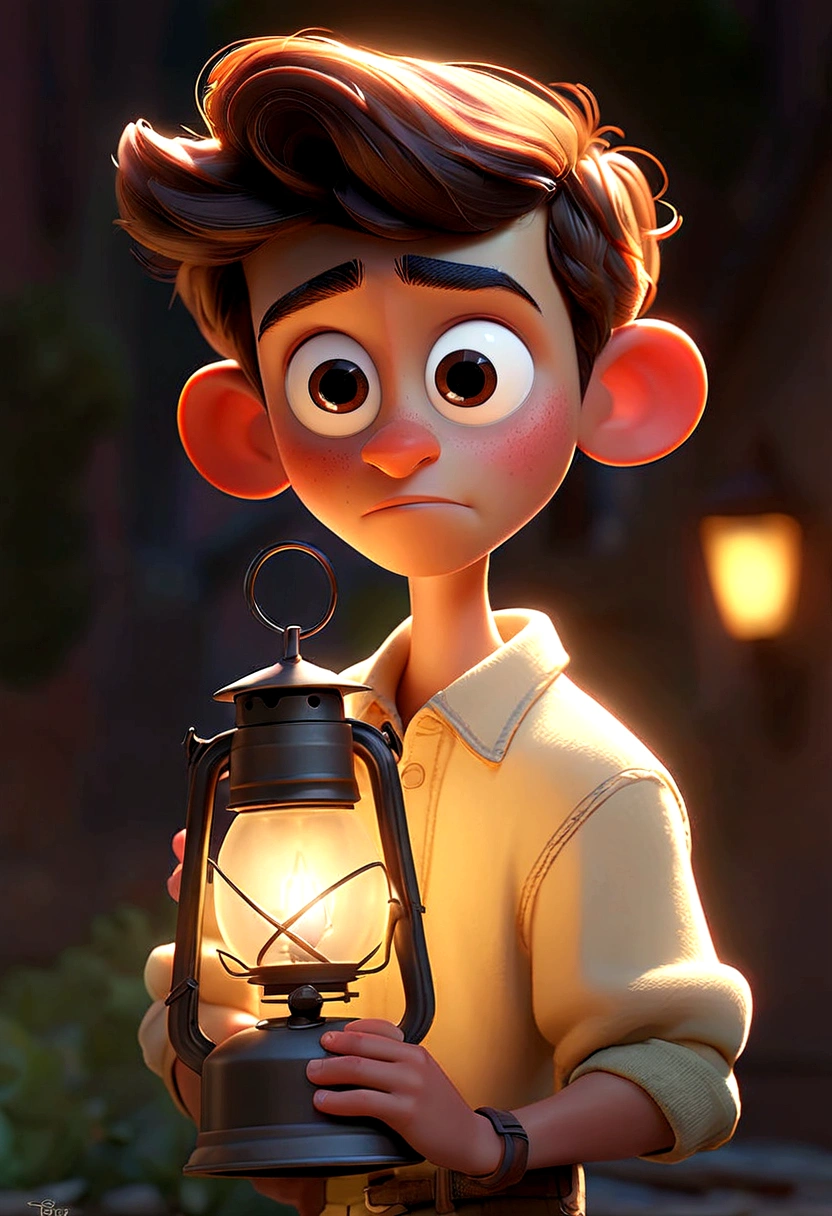  "A Pixar-style teenager character named Esperançoso, with a warm smile, wearing light-colored clothes, and holding a lit lantern. He is always looking at the horizon with optimism."