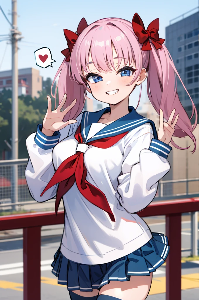 masterpiece, best quality, highres, 1girl, aanodoka, twintails, hair bow, large breasts, , serafuku, blue sailor collar, red neckerchief, white shirt, long sleeves, blue skirt, pleated skirt, white thighhighs, cowboy shot, standing, outdoors, smile, waving,,,,looking viewer,,spoken heart,6yo,(petite),,thigh,grin,