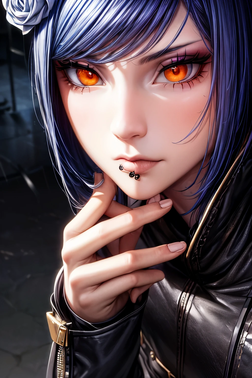 (Ultra-detailed illustration, masterpiece, best quality, absurdres), konan, short hair, hair ornament, blue hair, flower, hair flower, (orange eyes:1.2), (labret piercing:1.2), eyeshadow, mascara, jeans, leather jacket, platform boots, layered necklaces, bold patterns, dramatic makeup, black nail polish, oversized rings, close-up shot, glossy lips, raining, dark clouds, cinematic lighting, volumetric lighting, vibrant colors, ray tracing, intricate details, 