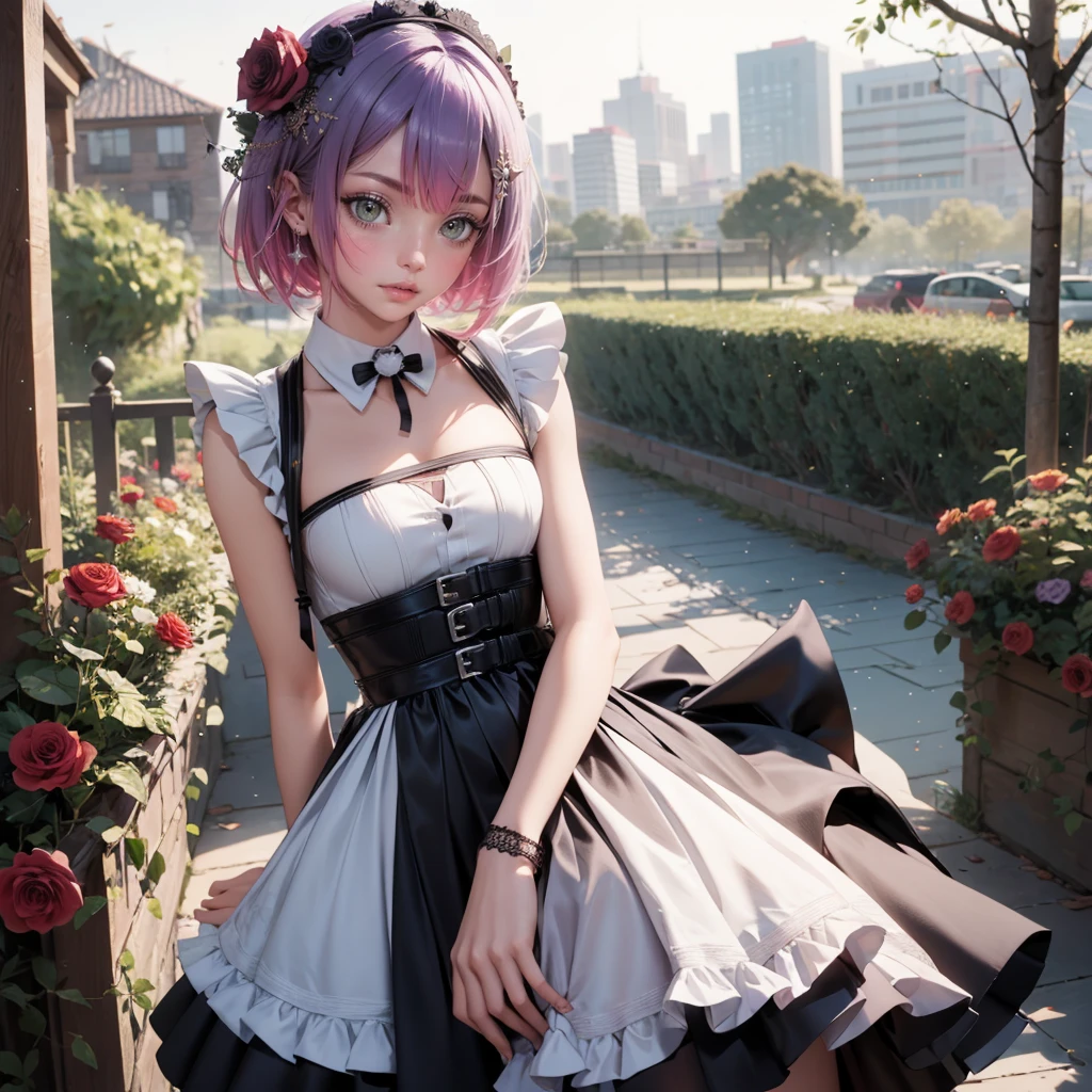 1girl, short hair, short flowing hair, floating hair, ornament hair, perfectly body, perfectly hands, rose on hair, purple rose on hair, 1 girl, Looking at the audience, flowing hair, Beautiful Eyes, Plump and glossy lips, maid, maid dress, maid apron, white apron maid headdresss, white headdress, dress with too many frills, black dress, white laces, night, black Short skirt, , small skirt, skirt with layers, Drape clothes, purple gem, Lace trim, garden, luxury gold details, gold jewelry, more details, best quality, Big sparkling eyes, blushing, Striped Lace Stockings, black Lolita skirt, sparkle, solo, centered girl, cowboy shot, perfectly body, perfectly hands, two arms, two legs, two hands, five fingers, perfect anatomy, glowing hair, purple roses, on the garden, sparkles, more details on her clothes, dress with transparency, golden details on her dress, night, lanterns, ((4k, masterpiece, top-quality)), 8k, best quality, high resolution, UHD, (illustration:0.8), super cute girl, delicate and beautiful face, mature girl, super cute hairstyle, (beautiful detailed eyes:1.6), extremely detailed face, perfect lighting, extremely detailed CG, (perfect hands, perfect anatomy), Best quality, cleavage