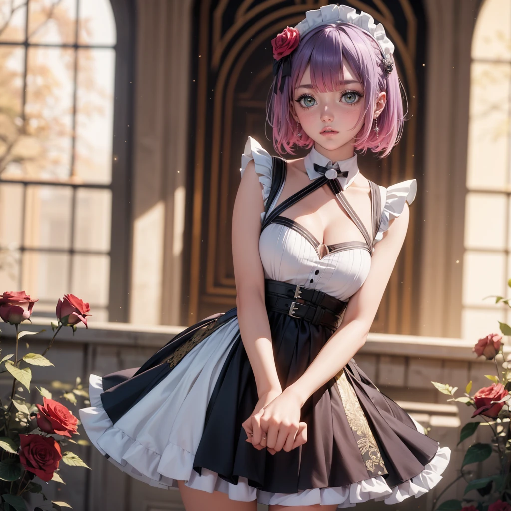 1girl, short hair, short flowing hair, floating hair, ornament hair, perfectly body, perfectly hands, rose on hair, purple rose on hair, 1 girl, Looking at the audience, flowing hair, Beautiful Eyes, Plump and glossy lips, maid, maid dress, maid apron, white apron maid headdresss, white headdress, dress with too many frills, black dress, white laces, night, black Short skirt, , small skirt, skirt with layers, Drape clothes, purple gem, Lace trim, garden, luxury gold details, gold jewelry, more details, best quality, Big sparkling eyes, blushing, Striped Lace Stockings, black Lolita skirt, sparkle, solo, centered girl, cowboy shot, perfectly body, perfectly hands, two arms, two legs, two hands, five fingers, perfect anatomy, glowing hair, purple roses, on the garden, sparkles, more details on her clothes, dress with transparency, golden details on her dress, night, lanterns, ((4k, masterpiece, top-quality)), 8k, best quality, high resolution, UHD, (illustration:0.8), super cute girl, delicate and beautiful face, mature girl, super cute hairstyle, (beautiful detailed eyes:1.6), extremely detailed face, perfect lighting, extremely detailed CG, (perfect hands, perfect anatomy), Best quality, cleavage