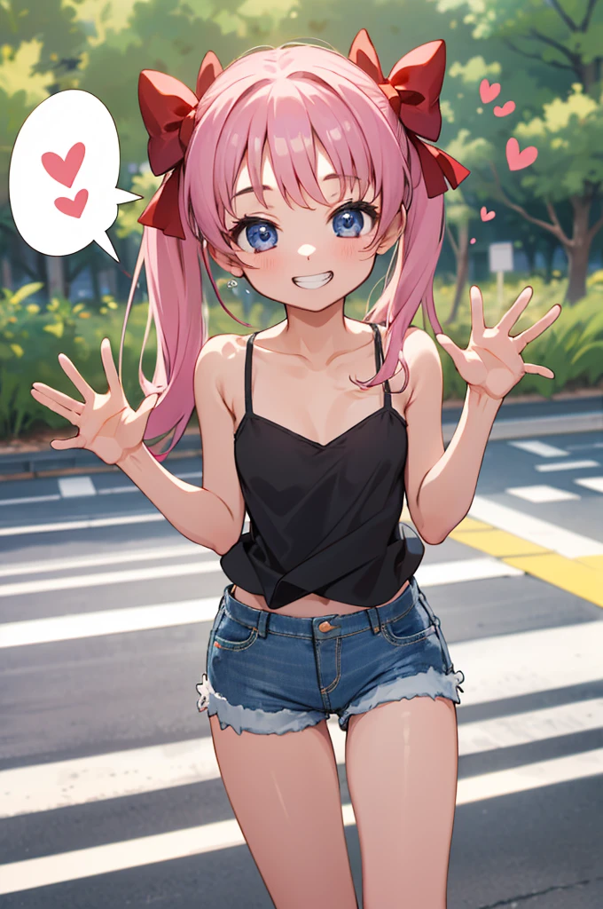 masterpiece, best quality, highres, 1girl, aanodoka, twintails, hair bow, camisole,denim shorts, outdoors, smile, waving,,,,looking viewer,,spoken heart,6yo,(petite),,thigh,grin,