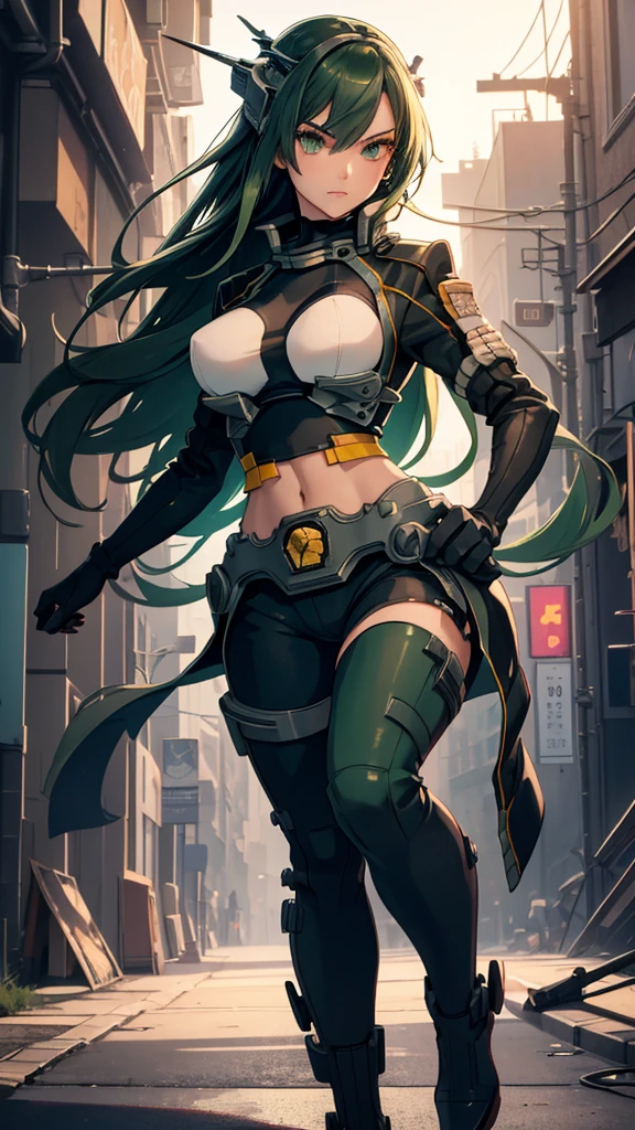 masterpiece, highest quality, (solo focus), (perfect face:1.1), (full body), (high detail:1.1), (hyper detailed eyes), dramatic, a woman with paleskin and long dark gem green hair, green eyes, solo, arrogant expression, neon cybernetic outfit, white background, art by artgerm, cinematic lighting, fashion, BalenciagaStyle