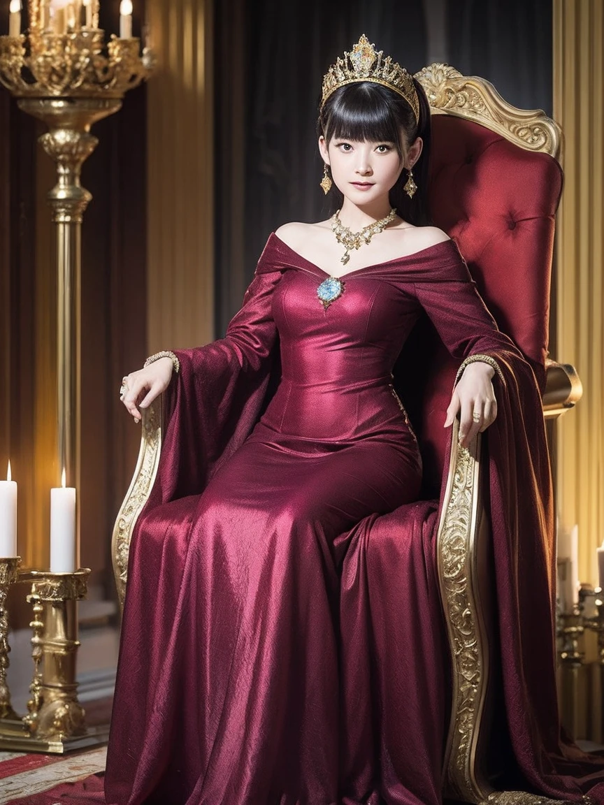 (Ultra-high resolution), (masterpiece), (Attention to detail), (high quality), (最high quality) , One Girl, blunt bangs, bangs,, Medieval Queen, Throne, Gorgeous dress, Gold embroidery, gemの冠, silk, velvet, Royal Robes, Ruby, sapphire, royal palace, marble, crown, gem, Luxury Background, Pillar, Tapestry, knight, candlestick, mural, full body
